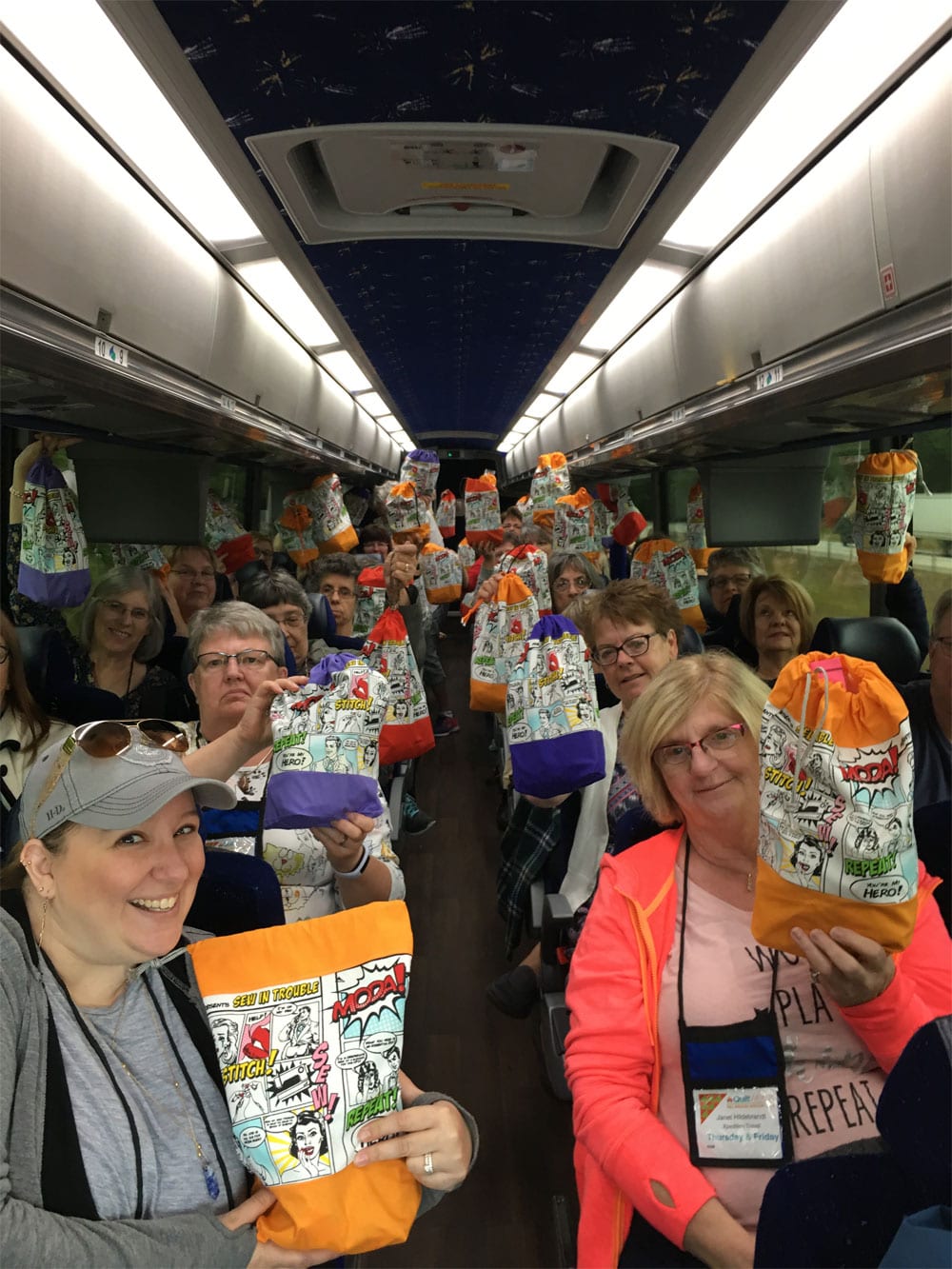 A group of people on a train holding bags.
